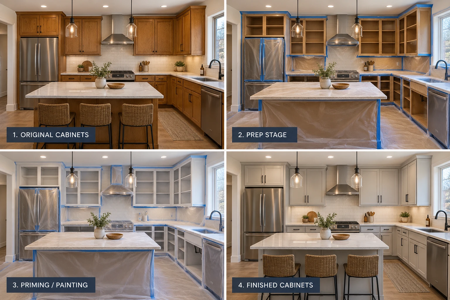 AI-generated four-panel illustration of a cabinet painting process: original stained wood cabinets, a prep stage with doors removed and surfaces masked, a priming and painting stage, and finished light gray painted cabinets