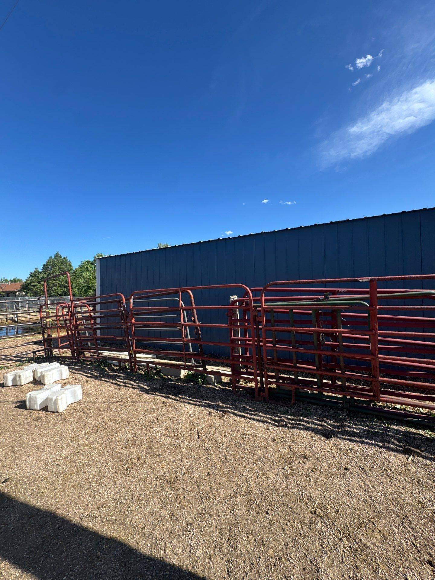 After: long side wall of the shed freshly painted deep blue beside the corral panels